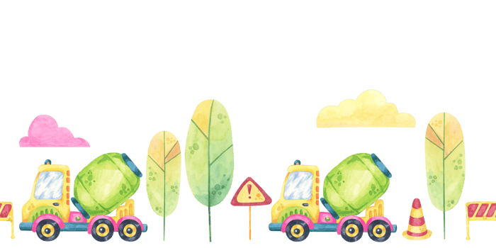 Green cement mixers, road signs, and pastel clouds. Seamless border construction site, toys watercolor clipart. Perfect for event invitations, educational materials, or themed wrapping paper png