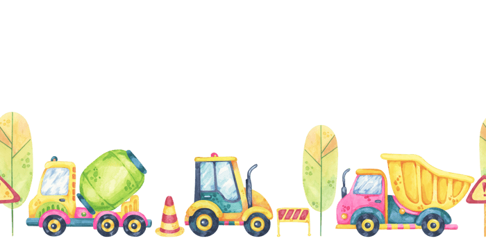 Excavators, trees, and trucks in vibrant hues. Seamless border construction site, toys watercolor clipart. Perfect for kids party supplies, wall decals, or custom gift wrap designs. png