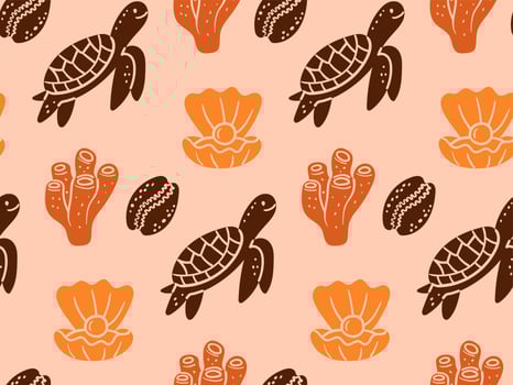 Hand-drawn doodle seamless pattern of ocean elements, including turtle, shells, coral, and clam with pearl, ideal for marine decor, beach designs, and underwater themes vector