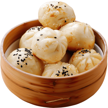 Steamed dumplings in a bamboo basket with sesame seeds and fragrant herbs png