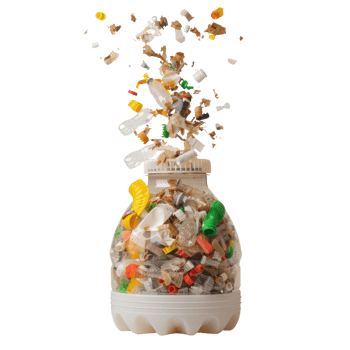 Creative Plastic Bottle Filled with Colorful Waste and Floating Pieces of Discarded Materials png