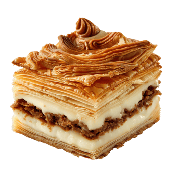 Delicious Layered Pastry with Cream Filling and Decorative Whipped Topping on a . png