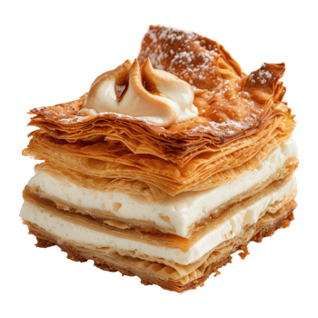 Creamy Layered Pastry Dessert with Whipped Topping and Delicate Dough png