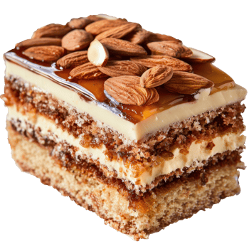 Delicious Layered Cake with Cream, Caramel, and Almond Topping for Gourmet Dessert Lovers png