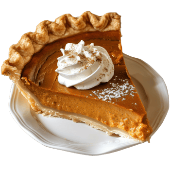 Delicious Slice of Pumpkin Pie with Whipped Cream Topping on a White Plate png