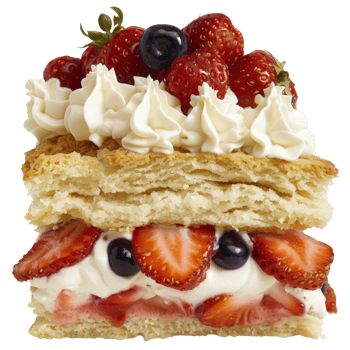 Delicious layered dessert with strawberries, blueberries, whipped cream, and flaky pastry png