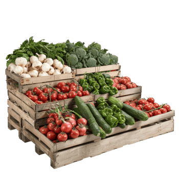 Fresh Organic Vegetables Displayed in Wooden Crates at a Local Farmers Market png