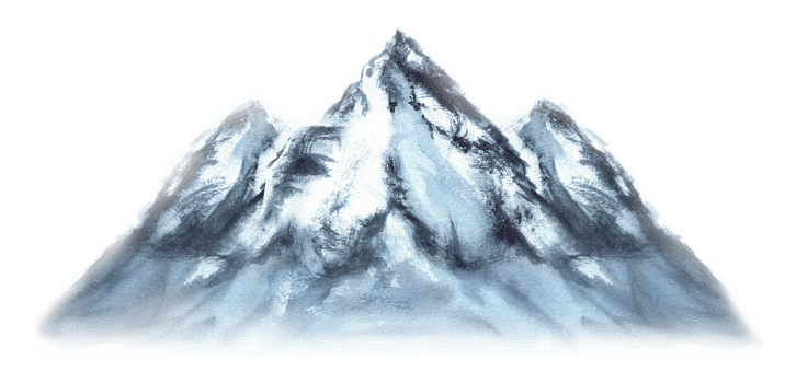 Blue mountain with three peaks. Watercolor snowy rocks. For camping, expedition, hiking, tourism posters, greeting cards design. Isolated image. Hand-drawn watercolor illustration png