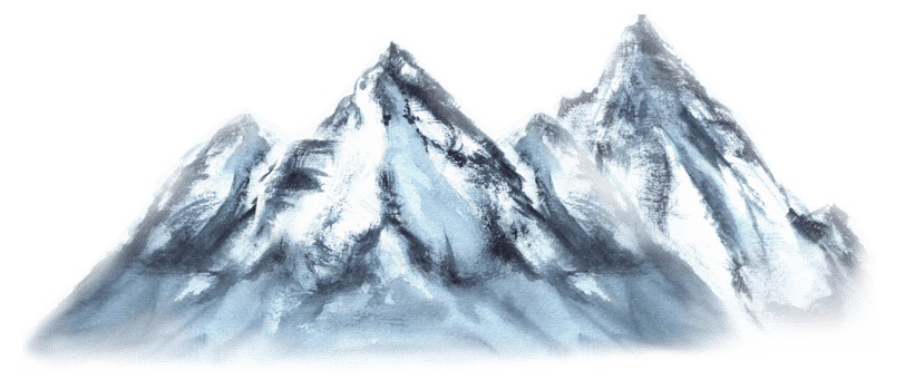 Blue mountain range with snowy rocks. Natural mountain landscape. For camping, expedition, hiking, tourism posters, greeting cards design. Isolated image. Hand-drawn watercolor illustration png