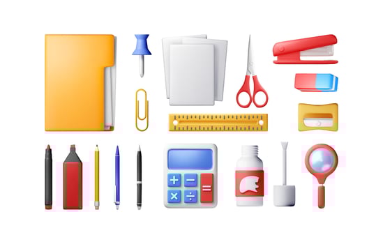3D stationery set icons isolated. Render collection of office supply. Papers, ruler, folder, pencil, pen, calculator, scissors. Office supply, school and education equipment vector