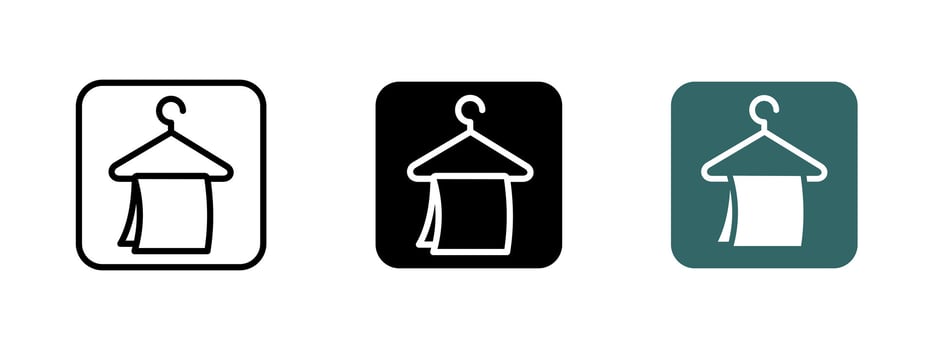 Cloakroom icon. Hanger with towel illustration. Wardrobe and storage symbol. Hospitality and organization sign for clothing care, laundry services and dressing facilities. vector