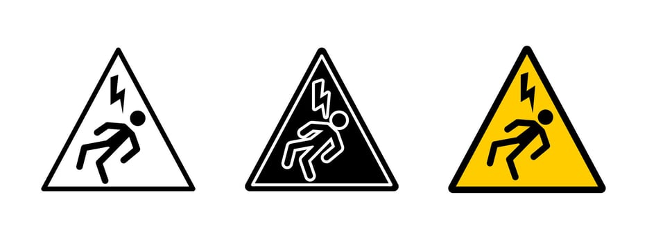 Warning electricity icon. High voltage danger symbol with electric shock pictogram. Electrical hazard sign for safety and risk prevention. Power accident alert triangle illustration. vector