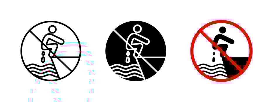 No urination icon. Public sanitation restriction sign to prevent water contamination. Hygiene and environmental protection symbol prohibiting urination in or near water bodies cleanliness and safety. vector