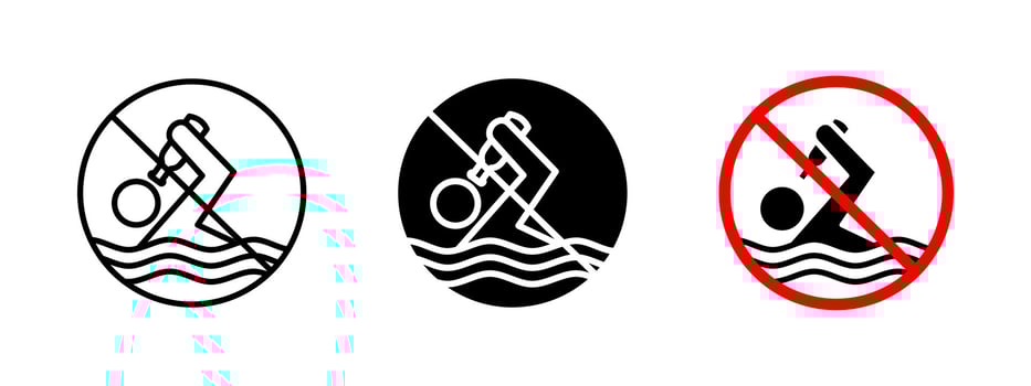 No swimming with alcohol icon. Water safety restriction sign prohibiting swimming under the influence. Warning symbol to prevent drowning and intoxication-related hazards in public water areas. vector