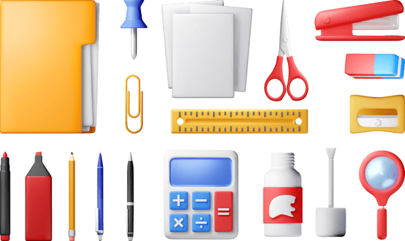 3D stationery set icons png