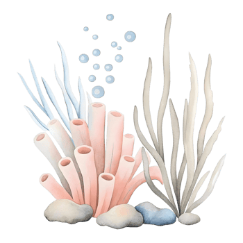 Underwater Watercolor Painting of Coral Reef Scene with Soft Pink Coral and Grey Seaweed png