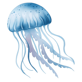 Illustration of a blue jellyfish with long tentacles floating on a transparent background space ocean life png