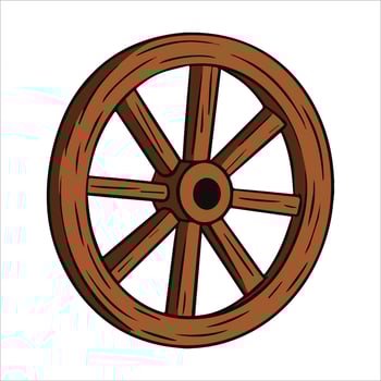 Cartoon illustration of an old, cracked wooden cart wheel. vector