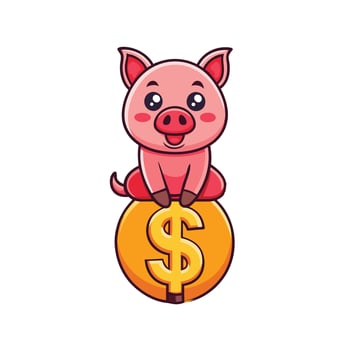 Cute Pig Sitting On Money Cartoon Icon Illustration. Animal Finance Icon Concept Isolated Premium vector