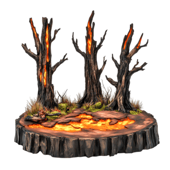 Fiery Tree Stumps Surrounded by Flames and Grass in Fantasy Landscape png
