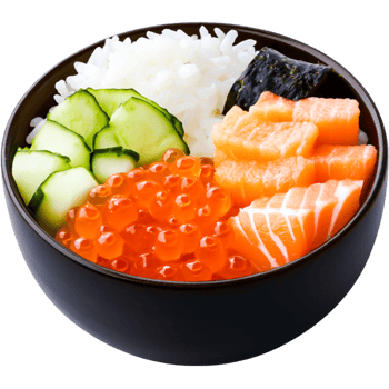 Fresh Sushi Bowl with Salmon, Rice, Cucumber, and Fish Roe Garnish png