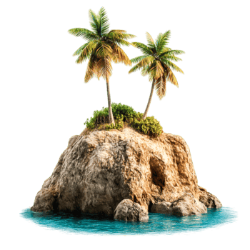 Tropical Island Oasis with Palm Trees and Rocky Shoreline Under Clear Sky png