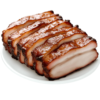 Deliciously Glazed Sliced Pork Belly on White Plate Ready for Serving png