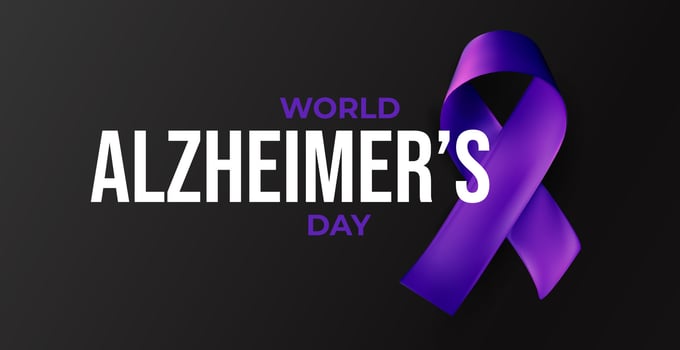 Purple ribbon for World Alzheimers Day on dark gradient background. Emotional tribute to memory loss awareness, aging support, dementia care. Glossy symbolic illustration vector