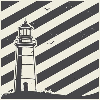 A black and white illustration of a lighthouse on a striped background vector