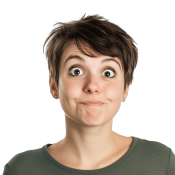 Surprised woman with short hair expressing curiosity and wonder png