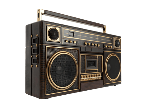 Vintage boombox with dark wood and gold accents a retro music player png