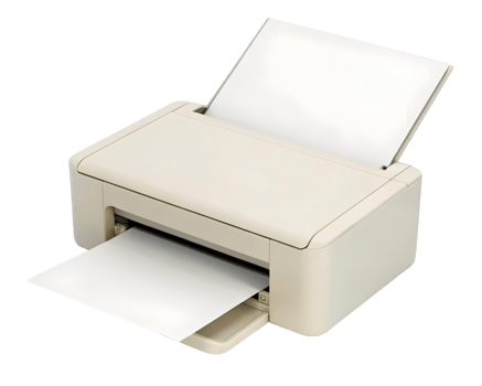 a beige printer with white paper inside and on top of it. the background is transparent checkered png