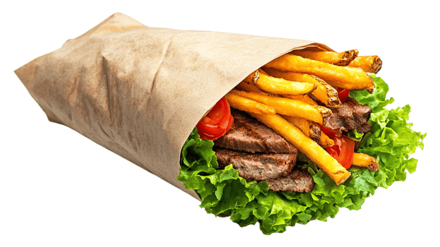 Delicious Gourmet Beef Wrap with Crispy Fries and Fresh Vegetables png