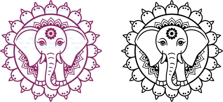 Set of elephant head mandala lineart and colouring page. vector