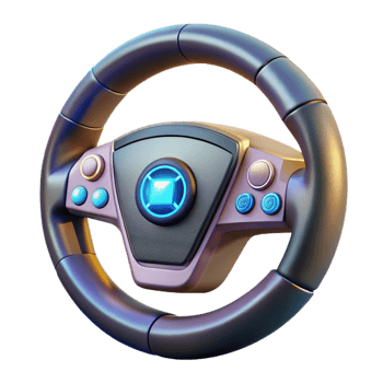 dramatic minimalist Futuristic sports car steering wheel with holographic display and illuminated buttons professional png