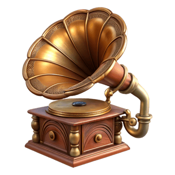 beautiful modern Steampunk gramophone with intricate carvings and a brass needle 4K png