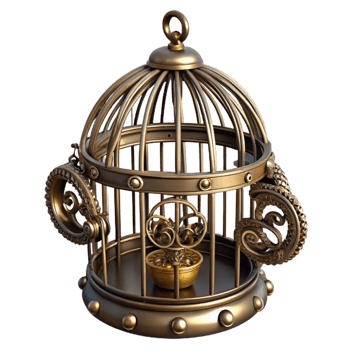 vibrant traditional A steampunk birdcage with intricate wirework and a brass perch original png