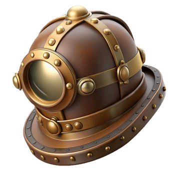 elegant minimalist Steampunk helmet with a brass visor and leather straps high resolution png