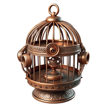 vibrant vintage A steampunk birdcage with intricate wirework and a brass perch high quality png