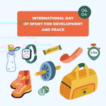 Colourful square banner for International Day of Sport for Development and Peace with fitness inventory, gym tool, athletic devices. Simple holiday poster for website background, social media design. vector