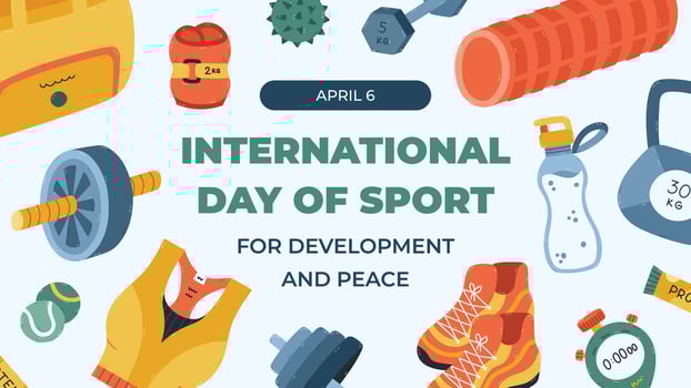 Horizontal colourful banner for International Day of Sport for Development and Peace with cartoon fitness, training inventory. Bright holiday poster, website banner, social media post in trendy color. vector