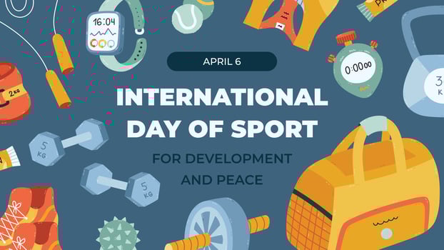 Horizontal dark banner for International Day of Sport for Development and Peace with cartoon gym, workout, pilates clipart. Holiday poster, website background, social media post in trendy colors. vector