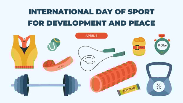 Horizontal white banner for International Day of Sport for Development and Peace with vivid illustration of foam roller, jumping rope, pilates band, barbell for poster, website, social media design. vector