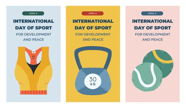 Vertical trendy set of stories for International Day of Sport for Development and Peace with vivid fitness, workout clipart. Poster for social media with women sport bra, kettlebell, tennis ball. vector