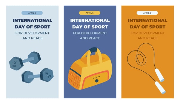 Vertical trendy set of stories for International Day of Sport for Development and Peace with athletic, exercising, cardio clipart. Holiday poster for social media with dumbbell, gym bag, jumping rope. vector