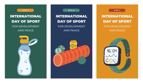 Vertical trendy set of stories for International Day of Sport for Development and Peace with athlete, gym, workout clipart. Holiday poster for social media with gym bottle, smart watch, MFR roller. vector