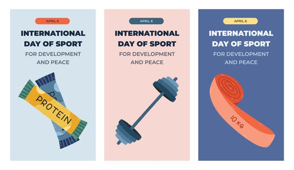 Vertical trendy set of stories for International Day of Sport for Development and Peace with stretching, bodybuilding clipart. Holiday poster for social media with protein bar, barbell, pilates band. vector