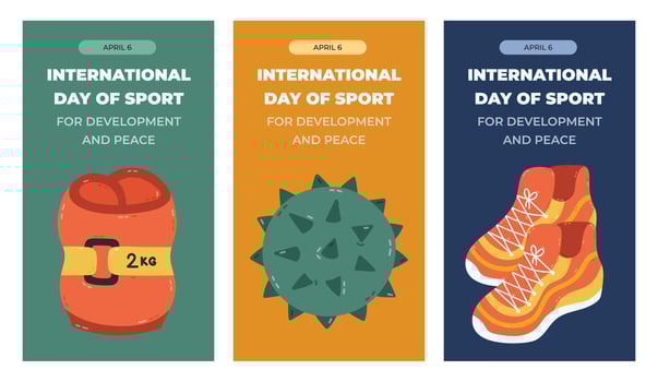 Vertical trendy set of stories for International Day of Sport for Development and Peace with fitness, athletic, gym clipart. Holiday poster for social media with ankle weights, massage ball, sneakers. vector