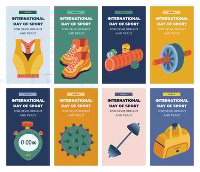 Big colourful set of vertical poster for International Day of Sport for Development and Peace with fitness, gym, workout clipart. Poster for social media with massage ball, barbell, press roller, bag. vector
