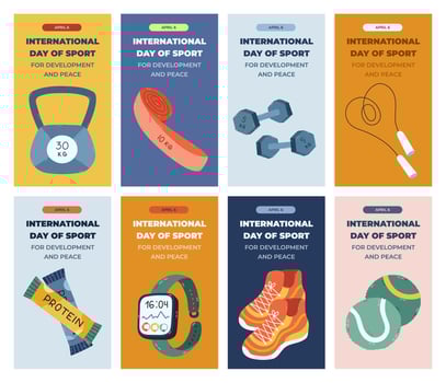 Big colourful set of vertical poster for International Day of Sport for Development and Peace with fitness clipart. Holiday poster for social media with pilates, weightlifting, training inventory. vector